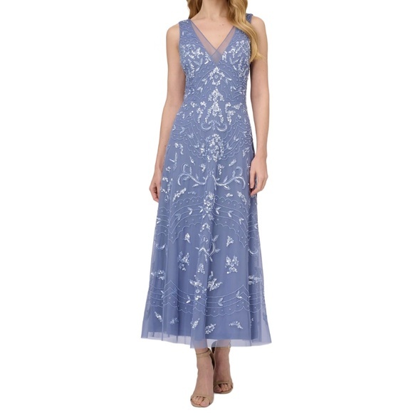 Adrianna Papell Hand-Beaded Ankle-Length Dress in French Blue Size 10 NWT
